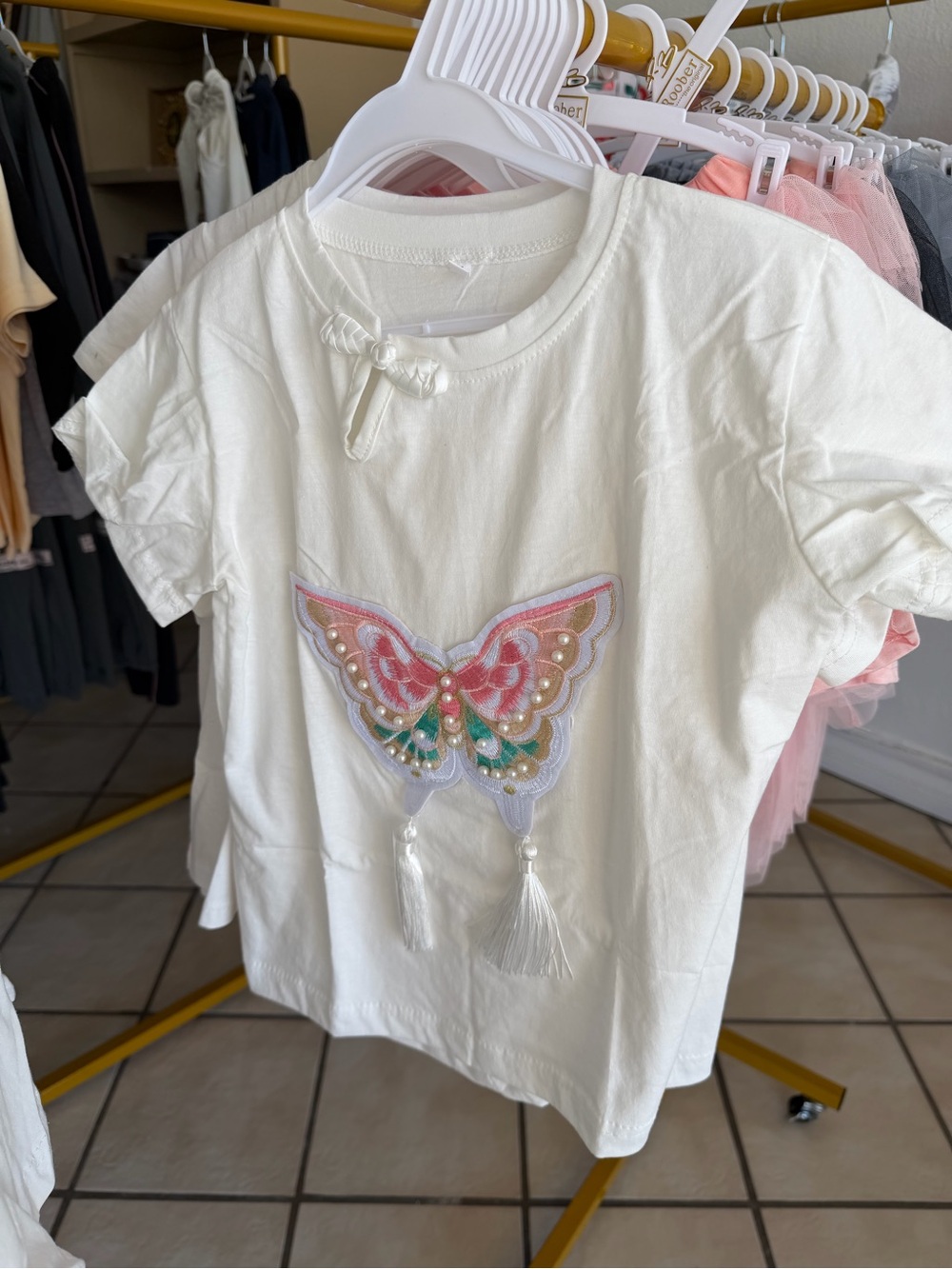 Girls White Butterfly Tassel Tee